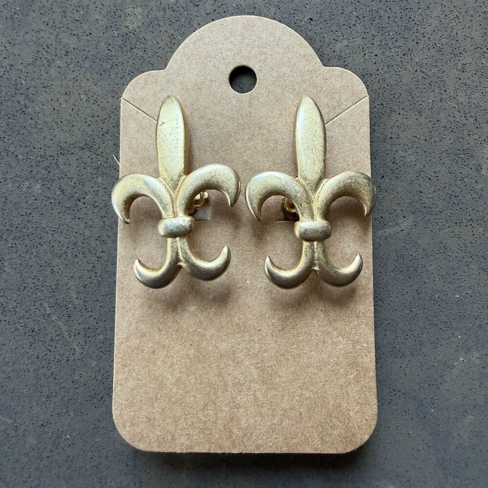 Vtg DKNY Donna Karan 1.5" Matte Gold Clip On Fleur Di Lis Earrings